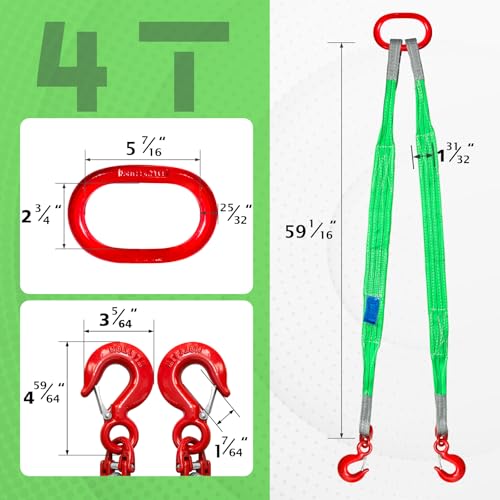 Lifting Slings Straps 5ft with Hooks and Rings | Two Leg Polyester Bridle Sling, 8800lbs Capacity, Heavy Duty, Ideal for Construction and Industrial Lifting - size: 8800 lb / 5 ft