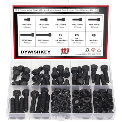 DYWISHKEY 127 Pieces M6 Black Screws, 12.9 Grade Alloy Steel M6x 8/10 /12/16 /20/25 /30mm Hex Socket Head Cap Screws Bolts Nuts Washers Assortment Kit - size: M6, style: Socket Head