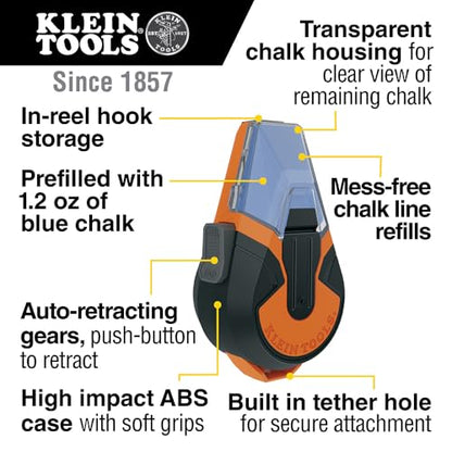 Klein Tools CHLK50B Chalk Line, 50-Foot Auto Retractable Reel with High Visibility Blue Chalk, Mess-Free Storage and Easy Tension Control - color: Blue, style: Blue Auto Retracting