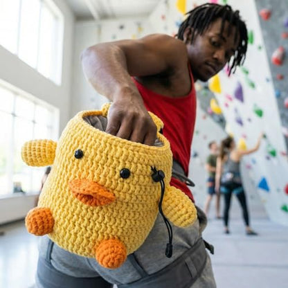Handmade Crochet Rock Climbing Chalk Bag, Fun Plush Animal Chalk Pouch with Drawstring, Adjustable Waist Belt for Indoor Outdoor Bouldering Sport Climbing - style: Yellow Duck