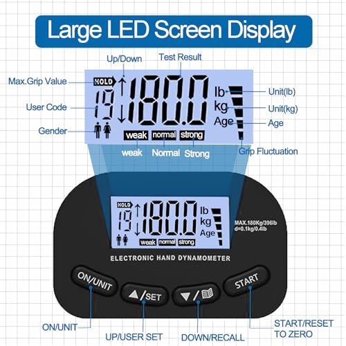 Hand Grip Strength Tester Trainer, 396lbs/180kg Hand Grip Dynamometer with LCD Display, Ideal for Sports, School, and Home Use