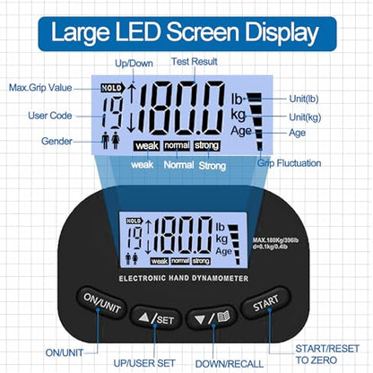 Hand Grip Strength Tester Trainer, 396lbs/180kg Hand Grip Dynamometer with LCD Display, Ideal for Sports, School, and Home Use(Battery Version)