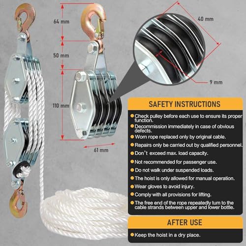 Nylon Rope Hoist Pulley Block and Tackle, 2 Ton - 6000-8000 LB Breaking Strength, 7:1 Lifting Power, 65 Ft - Rope Hoist Pulley System for Garage, Hunting, Boat Lift - Includes 2 Straps - color: Silver Steel