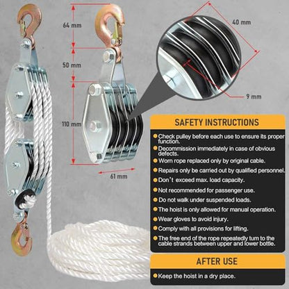 Nylon Rope Hoist Pulley Block and Tackle, 2 Ton - 6000-8000 LB Breaking Strength, 7:1 Lifting Power, 65 Ft - Rope Hoist Pulley System for Garage, Hunting, Boat Lift - Includes 2 Straps - color: Silver Steel