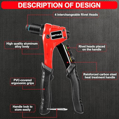 WETOLS Pop Rivet Gun Kit with 200 Blind Rivets, Upgraded Manual Single Hand Riveter with 4 Tool-Free Interchangeable Rivet Heads and 4 Drill Bits, Pop Rivet Tool Kit with Sturdy BMC Carrying Case - size: Regular Rivet Gun