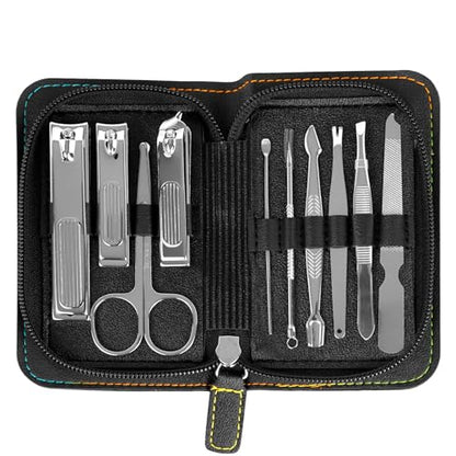 10 PCS Premium Stainless Steel Nail Clippers Set, Professional Manicure Pedicure Kit with Zipper Portable PU Leather Case, Travel Grooming Kit, Ideal Gift for Men and Women(C-Black) - color: C-black