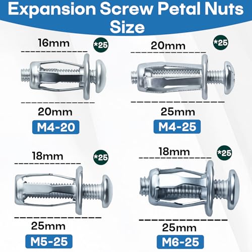 Expansion Screw Jack Nuts Assortment Kit, 100-Pcs Jack Nuts with Screws | Includes M4-20 M4-25 M5-25 M6-25, Suitable for License Plate, Hollow Wall, Sheet Metal Mounting