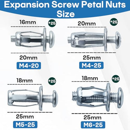 Expansion Screw Jack Nuts Assortment Kit, 100-Pcs Jack Nuts with Screws | Includes M4-20 M4-25 M5-25 M6-25, Suitable for License Plate, Hollow Wall, Sheet Metal Mounting