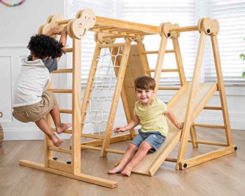 Avenlur 7-in-1 Indoor Playset for Kids 2-6 with Slide, Climbing Wall, Ladder, Net, Bars, Swing, Ring - USA - color: Natural Indoor, size: Medium (LxWxH): 63.0 x 49.0 x 46.0 inches