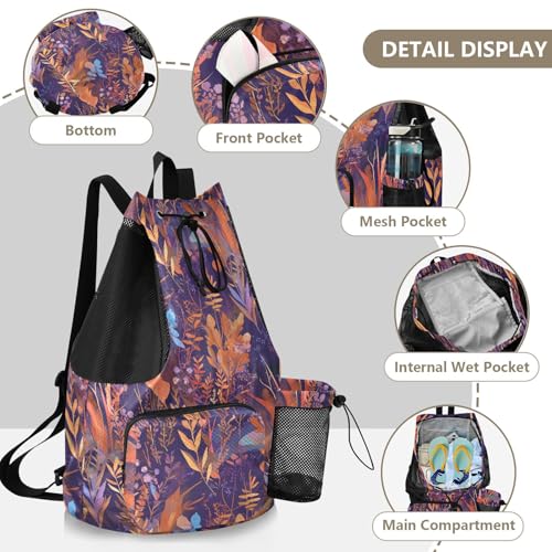 Drawstring Bags Climbing Gym Bag With Water Bottle Pocket String Bag For School Waterproof Colorful Leaves Pattern Print Art