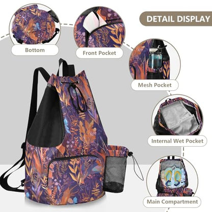 Drawstring Bags Climbing Gym Bag With Water Bottle Pocket String Bag For School Waterproof Colorful Leaves Pattern Print Art