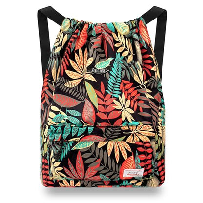 Peicees Waterproof Drawstring Sport Bag Lightweight Sackpack Backpack for Men and Women | Waterproof - color: X_red Leaves