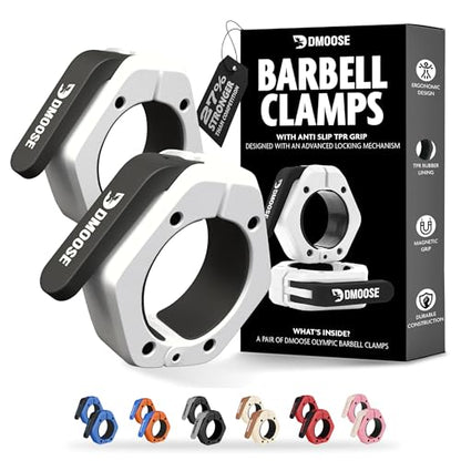 DMoose Fitness Barbell Clips 2 Inch (Pair) - Quick Release Olympic Barbell Clamps & Collars with Anti Slip TPR Grip for Secure Weightlifting and Powerlifting - Weight Clips for Bars at Home or Gym - color: White, style: Magnetic