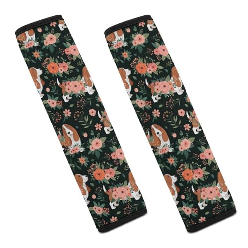 Universal Soft and Comfortable Car Seat Belt Pad for Adult Use, Most Cars, 1 Pair Basset Hound Dogs Lovers Flower Floral Automotive Seat Belt Protector Shock Absorption - color: Pattern 1262