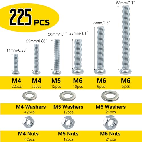 225pcs Screws and Nuts Assortment Kit,M4 M5 M6 Phillips Pan Head Assorted Nuts and Bolts,Washers Kit for Headboard, Wall Plate Switch, Receptacles Mounting Screws Silver - size: S M4M5M6 225pcs