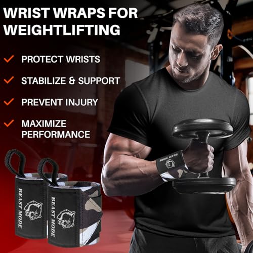 TECEUM Weightlifting 18" & 12" Wrist Wraps with Thumb Loop – Heavy Duty Wrist Workout Braces for Men and Women – Ideal for Powerlifting, Strength Training, Bodybuilding - color: Black Camo, style: 12" – Beast Mode