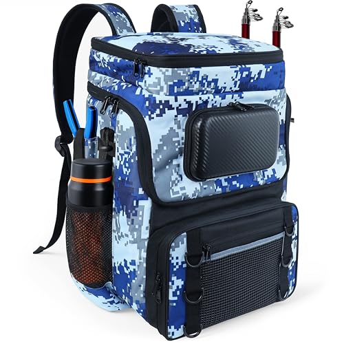 Fishing Backpack with Rod Holder, Large 50L Tackle Bag Water Resistant Tackle Backpack Heavy Duty Fishing Bag Gift for Men Woman - color: C: Blue Camo