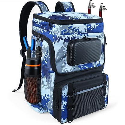 Fishing Backpack with Rod Holder, Large 50L Tackle Bag Water Resistant Tackle Backpack Heavy Duty Fishing Bag Gift for Men Woman - color: C: Blue Camo