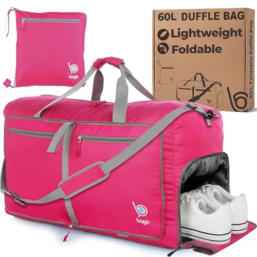 Bago Large Foldable Duffle Bag for Camping & Travel with Shoe Compartment. 60L Duffle Bags for Women & Men. Collapsible Medium Duffel Bags for Overnight or a Weekender - color: Pink, size: 60L