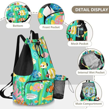 Drawstring Climbing Gym Bag With Inside Pockets Hiking Drawstring Backpack with Wet Dry Compartments Ocean Sea Animals