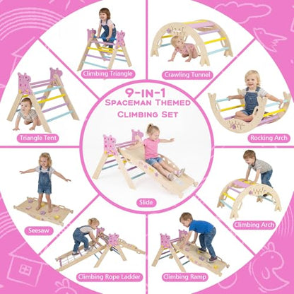 HONEY JOY Pikler Triangle Set, 9 in 1 Foldable Wooden Triangle Climber w/Arch, Ramp, Climbing Rope & Ladder, Baby Indoor Playground Jungle Gym, Montessori Climbing Toy for Toddlers (Purple) - color: Purple