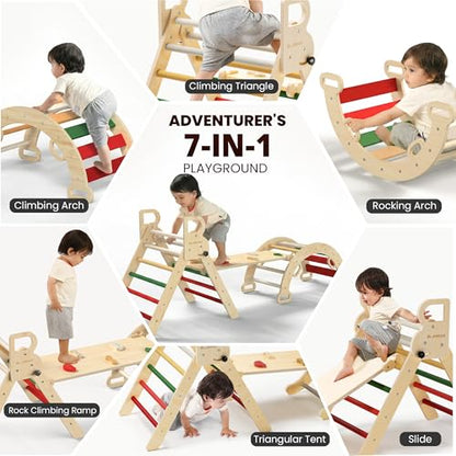 BlueWood Pikler Triangle Set, Toddler Climbing Toys Indoor 7in1 Foldable | Wooden Climber for Kids, Montessori Philosophy Play Jungle Gym with Arch, Ramp, Ladder (Warm Winter Christmas) - color: Warm Winter Christmas