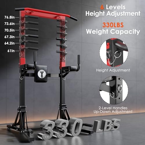 DlandHome Foldable Power Tower Pull Up Bar Station, Strength Training Fitness Equipment, Multi-Function Adjustable Height Pull Up Dip Station for Home Gym Workout, Pull Up Stand, Black & Red