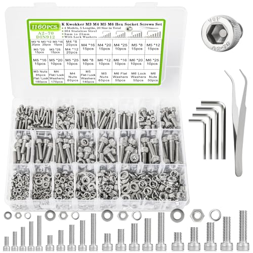 M3 M4 M5 M6 Hex Socket Bolt & Nut Assortment Kit, 1160Pcs | Waterproof Anti-rust 304 Stainless Steel; 20 Size 8–25mm Metric Screws with Lock Washers for 3D Printing DIY Machinery Repair - size: H. M3 M4 M5 M6