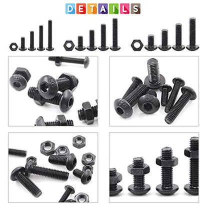 Glarks 510Pcs M3 M4 M5 Alloy Steel Button Head Socket Cap Bolts Screws with Nuts Assortment Kit, Black Oxide Finish(Button Head) - size: Hex Button Head Cap Screws Set