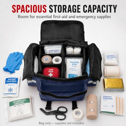 NOVAMEDIC NM-RO63P Professional First Responder Bag, 17” x 9” x 7” Empty EMT Trauma Kit Carrier with Removable Dividers, Reflective Strips, Water-Resistant Base for Emergency Medical Supplies (Blue) - color: Blue