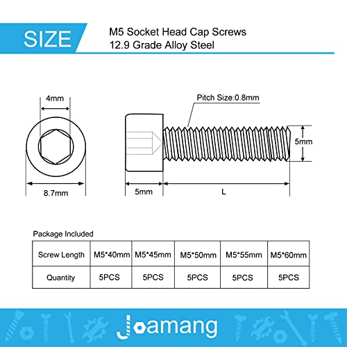 M5 x 40mm 45mm 50mm 55mm 60mm Hex Socket Head Cap Screws Bolts, 12.9 Grade Alloy Steel, Black Oxide Finish, Metric Allen Drive, Fully Threaded, Assortment Kit 25Pcs - size: Socket M5x40-60 mm