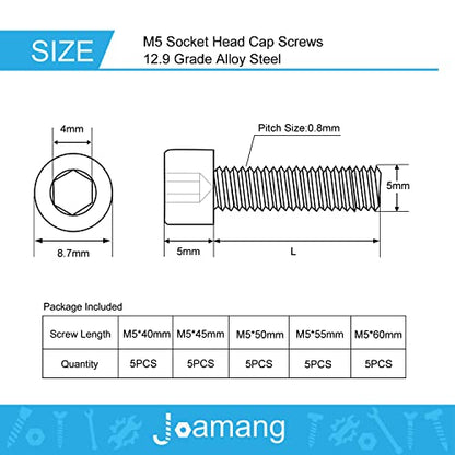 M5 x 40mm 45mm 50mm 55mm 60mm Hex Socket Head Cap Screws Bolts, 12.9 Grade Alloy Steel, Black Oxide Finish, Metric Allen Drive, Fully Threaded, Assortment Kit 25Pcs - size: Socket M5x40-60 mm