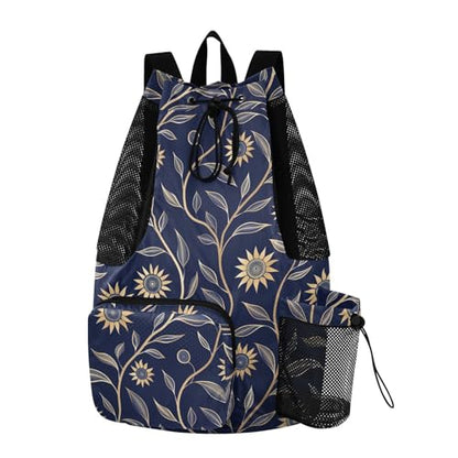 Drawstring Bags Climbing Gym Bag With Pockets Cinch Back Sack Wet and Dry Separation Sunflower Dark Blue