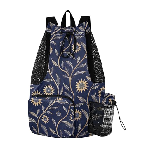 Drawstring Bags Climbing Gym Bag With Pockets Cinch Back Sack Wet and Dry Separation Sunflower Dark Blue
