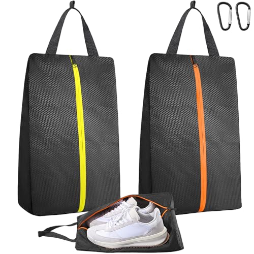 TOBWOLF 2PCS Golf Shoe Bags, Water-Resistant for Smelly Cleats | Keeps Dirty Shoes Off Clean Gear, Smooth Zipper & Carry Handle, Fits Golf & Soccer Cleat bags, Ideal for Gym, Sports & Travel - color: Black-Orange & Black-Yellow