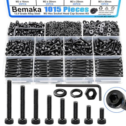 1015PCS M3 Screws Kit, M3x6/8/10/12/16/20/25/30mm Hex Socket Head Cap Screws Bolts Nuts Washers Kit, 12.9 Grade Alloy Steel Metric Machine Screw for 3D Printing - size: M3 x 6/8/10/12/16/20/25/30mm, style: Socket Head
