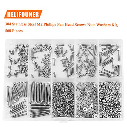 HELIFOUNER 560 Pieces M2 x 4mm /6mm /8mm /10mm /12mm /16mm /20mm, Phillips Pan Head Machine Screws, Metric Screws Bolts Washers Nuts Kit, 304 Stainless Steel - size: M2, style: Phillips Pan Head