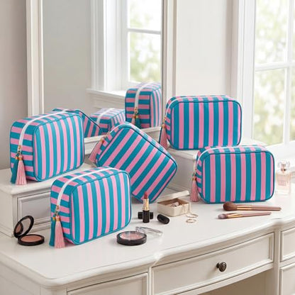 Kacctyen 6 Pack Blue and Pink Striped Makeup Bag bulk with Tassel Travel Cosmetic Pouch Organizer Large Zipper Toiletry Case for Women Aesthetic Storage Pouch Mahjong Tile Bag - color: Blue and Pink