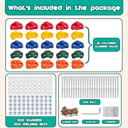 CMOOD Rock Climbing Holds, Rock Climbing Wall for Kids Rock Wall Climbing Kit for Indoor Outdoor Playground Play Set with Mounting Screws, Knotted Rope and 25 Handles