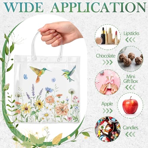 Resholder 24 Pcs Floral Hummingbird Clear Gift Bags with Handles Spring Wildflower PVC Treat Gift Bags for Flower Bird Party Wedding Bridal Baby Shower Birthday Tea Party Decoration, 8 x 8 x 3.15 Inch