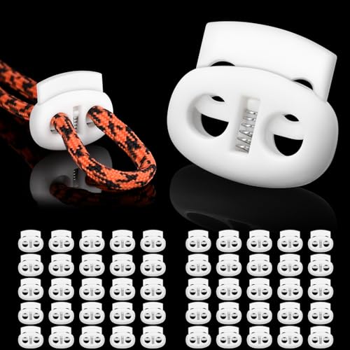 CooBigo Plastic Cord Locks for Drawstrings Double Hole Spring Stopper Fastener Slider Toggles End - color: White