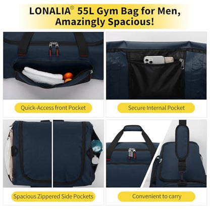 55L Large Sports Duffle Bag for Men, 22 inch, Navy Blue | Heavy Duty, Gym Duffel Bag, Multi Pockets, Spacious - color: Navy Blue