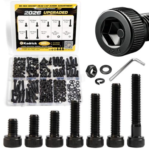 Kadrick M5 Screws Kit 205PCS, Socket Head Cap M5 Screw Assortment with Lock Washers for Secure Fastening, Class 12.9 Alloy Steel, Black Zinc Plated M5 Bolts for Mechanical, Automotive & Heavy-Duty Use - size: M5 205Pcs New