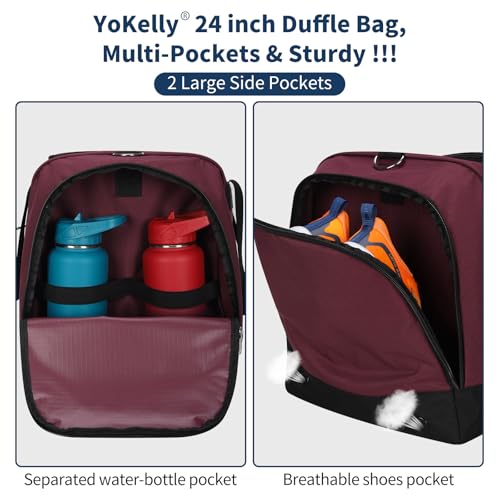 24 inch Large Gym Bag for Men - 65L Hard Bottom Duffle Bag with Shoes Compartment for Sport/Travel - Wine Red - color: Wine Red
