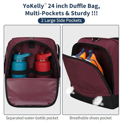 24 inch Large Gym Bag for Men - 65L Hard Bottom Duffle Bag with Shoes Compartment for Sport/Travel - Wine Red - color: Wine Red