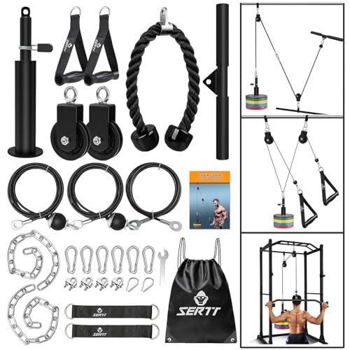 SERTT Weight Cable Pulley System Gym, Upgraded Cable Pulley Attachments for LAT Pull Down, Biceps Curl, Tricep, Arm Workouts - Home Gym Add On Equipment - color: Black