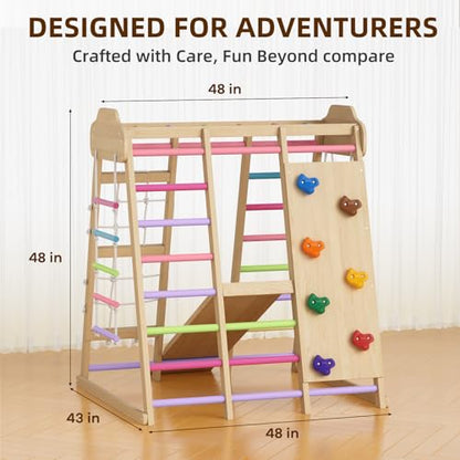 9 in 1 Indoor Playground for Kids, Montessori Wooden Toddler Jungle Gym Indoor with Slide, Swing, Rope Ladder, Climbing Net, Rock Wall and DIY Name Stickers, Playground Playset for Boys and Girls