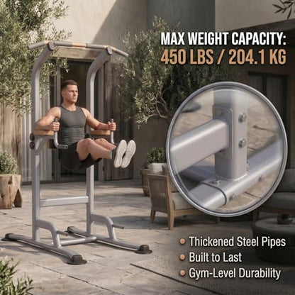 Multi-Function Power Tower Pull Up Bar Station with Pilates Resistance Bands, 450LBS Stable Pull Up Dip Station with Push Up Handles for Home Gym Strength Training Equipment - color: Grey