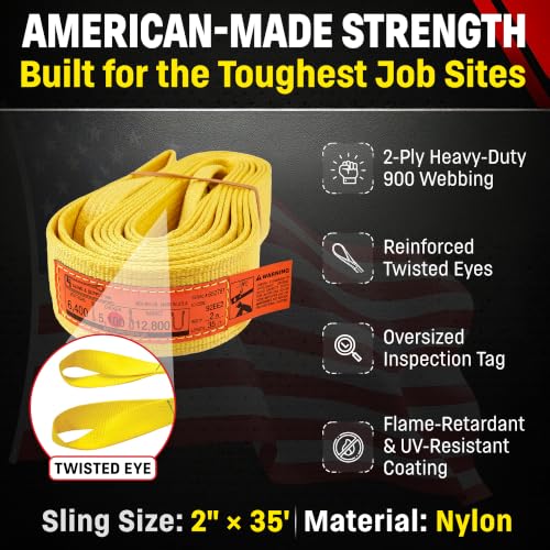 DD Sling 2 Inch x 35 Foot Nylon Lifting Sling – USA Made, 6,400 lb Vertical, 5,100 lb Choker, 12,800 lb Basket – 2-Ply Heavy Duty 900 Webbing, Type 4 Twisted Eye & Eye Rigging Sling - size: 2inX35ft