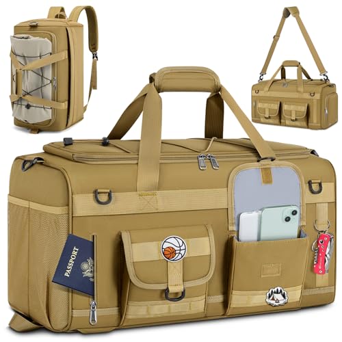 RAINSMORE 3 in 1 Gym Bag for Men, 45L Large Sports Duffle Bag with Shoe Compartment and Wet Pocket, Water-Resistant Tactical Backpack Carry On for Travel, Workout & Military Gear, Khaki - color: Khaki